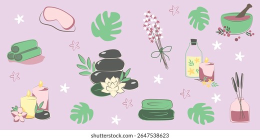 Vector spa clipart set with candles, towels, hot stones, massage oil, diffuser, and tropical leaves on pastel background