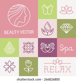 Vector spa and cosmetics logo design templates in trendy linear style - flowers, leaves and icons