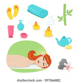 Vector spa massage icons set template. Oil stone candles cream towel bamboo.
