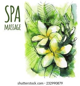 vector Spa massage illustration, card, banner, with white-yellow plumeria, watercolor sketch