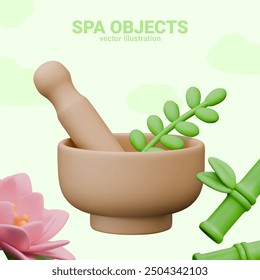 Vector spa objects in 3D cartoon style. Mortar with pestle and herbs, bamboo stalks, lotus flower