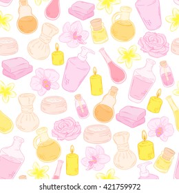 vector spa seamless pattern with hand drawn hygiene objects - soap, cream, massage ball, oil bottles and accessories - orchid flower and candle.