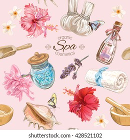 Vector spa seamless pattern with lotus,shells and hibiscus flowers.Background design for cosmetics, spa and beauty salon, organic health care products. Best for texture, fabric print, wrapping paper.