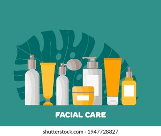 Vector spa set of care cosmetics. Illustration in flat style. Face and body care concept.