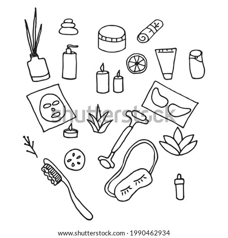 Vector spa set in doodle style. Linear set of home spa.