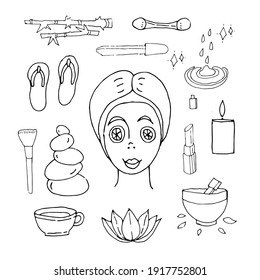 Vector. Spa. Sketch. Line. Bamboo. Stones, girl resting, candle, lipstick, lotus flower, water.