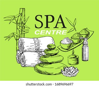 Vector spa treatment accessories  banners withwith bamboo, massage stones and skin care products. Design for natural cosmetics, beauty store, spa and beauty salon, organic health care products