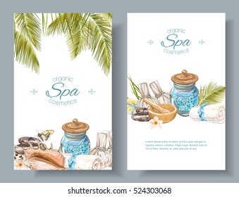 Vector spa treatment accessories vertical banners with palm leaves, shell and massage bags. Design for natural cosmetics, store, spa and beauty salon, organic health care products.With place for text