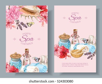 Vector spa treatment accessories vertical banners with pink lotus, shell and hibiscus flowers. Design for natural cosmetics, beauty store, spa and beauty salon, organic health care products