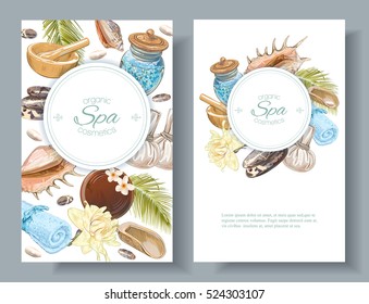 Vector spa treatment accessories vertical banners with palm leaves, shell and massage bags. Design for natural cosmetics, store, spa and beauty salon, organic health care products.With place for text