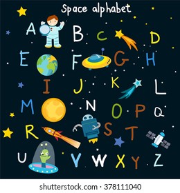 Vector space Alphabet with astronaut and rocket