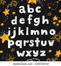 Vector Space Alphabet for children. Gold and black. Letters and stars. Funny letters