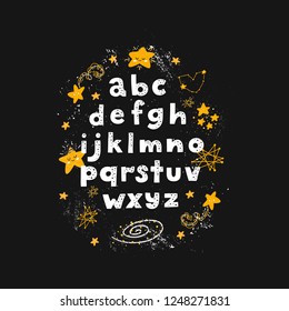 Vector Space Alphabet for children. Gold and black. Letters and stars. Funny letters