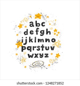 Vector Space Alphabet for children. Gold and black. Letters and stars. Funny letters