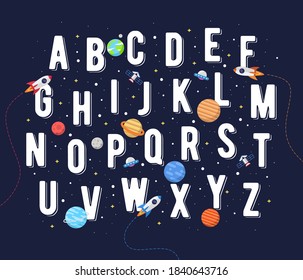 Vector Space Alphabet for Kids. Vector illustration of alphabet graphics for kids with outer space theme. space kids, alphabet for children.