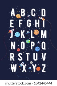 Vector Space Alphabet for Kids. Vector illustration of alphabet graphics for kids with outer space theme. space kids, alphabet for children.