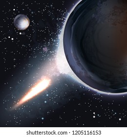 Vector space apocalyptic background of attack of planet, asteroid impact, end of world, judgment day