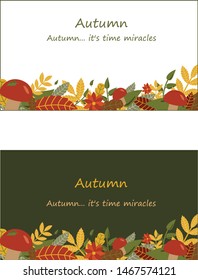 vector space for an autumn event in the frame of autumn colored leaves, flowers on a white and green background