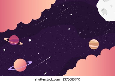 Vector space background with abstract elements: planets, moon, stars. Vector illustration.