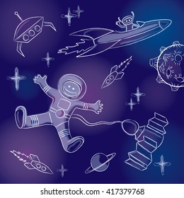 Vector space background with an astronaut and a spaceship