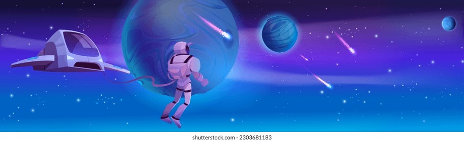 Vector space background with cartoon star planet and cosmonaut. Future galaxy universe landscape scene with spaceship and character in helmet looking on falling meteorite or comet rain concept