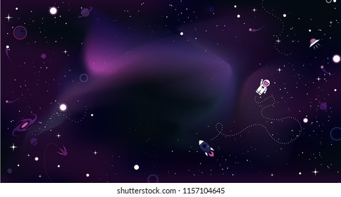 Vector space background with copy space. Cute flat style template with Astronaut, Spaceship, Rocket, Moon, Black Hole, Stars in Outer space.