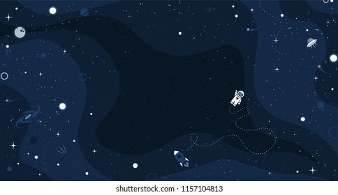 Vector space background with copy space. Cute flat style template with Astronaut, Spaceship, Rocket, Moon, Black Hole, Stars in Outer space.