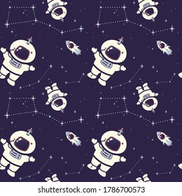 Vector space background with copy space. Cute flat style template with Astronaut, Spaceship, Rocket, Moon, Black Hole, Stars in Outer space. Seamless pattern