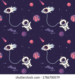 Vector space background with copy space. Cute flat style template with Astronaut, Spaceship, Rocket, Moon, Black Hole, Stars in Outer space. Seamless pattern