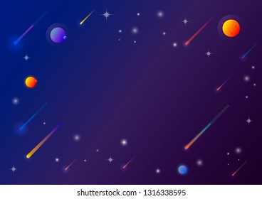  Vector space background with copy space.Planets surface with craters, stars and comets in dark space. Cute flat style template with Stars in Outer space.Ve