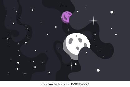 Vector space background . Cute flat style template with Stars  Planet and Moon in Outer space