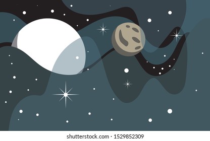 Vector space background . Cute flat style template with Stars  Planet and Moon in Outer space