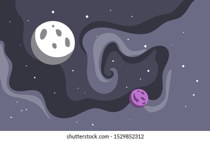 Vector space background . Cute flat style template with Stars  Planet and Moon in Outer space