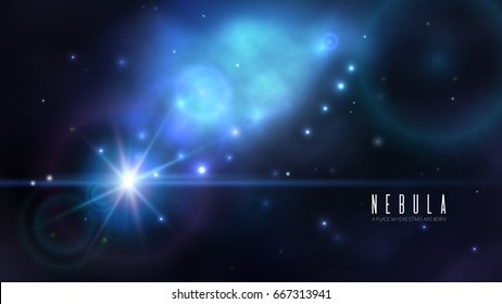 Vector space background with dark blue nebula and bright stars. Fantasy scientific astronomical illustration.
