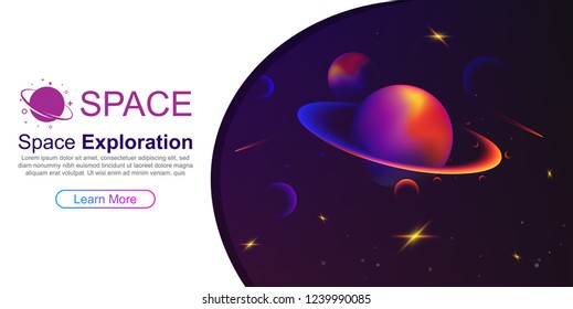 Vector space background with planet Saturn and stars. Space exploration. Gradient Fluid Design.