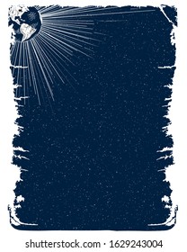 Vector space background with scratches. Space frame with stars and earth planet.