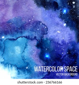 Vector space background with sparkling stars. Night watercolor sky with paint strokes and swashes. Vector illustration.