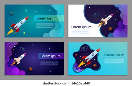Vector Space banner or business card. Rocket in space flat illustration.