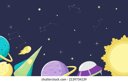 Vector space banner for design. Space exploration. Planets, spacecraft, constellation, stars. A galactic adventure. Simple cartoon style. For poster, background, stickers