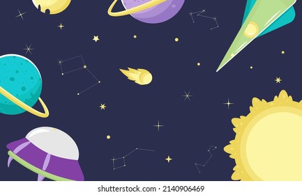 Vector space banner for design. Space exploration. Planets, spacecraft, constellation, stars. A galactic adventure. Simple cartoon style. For poster, background, stickers