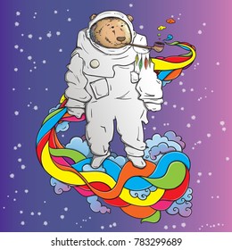 Vector space bear Illustration with a tube on the bright colorful cloud rainbow background and cosmonaut costume elements