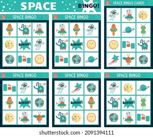 Vector Space bingo cards set. Fun family lotto board game with cute astronaut, star, rocker, planet, alien kids. Astronomy lottery activity. Simple educational printable worksheet.
