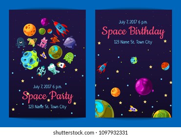 Vector space birthday party invitation templates card of set with space elements, planets and ships illustration