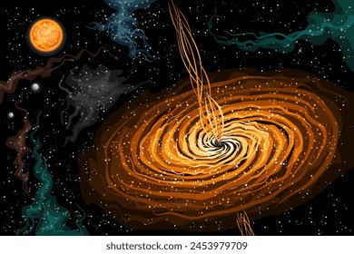 Vector Space Black Hole, astronomical horizontal poster with cartoon design of supermassive black hole with orange beams in deep space, decorative futuristic cosmo print on starry space background