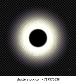 Vector Space Black Hole Isolated on Dark Transparent Background. Vector Illustration of Black Hole with Bright Glow. Swirl Effect. Absorption of Matter.