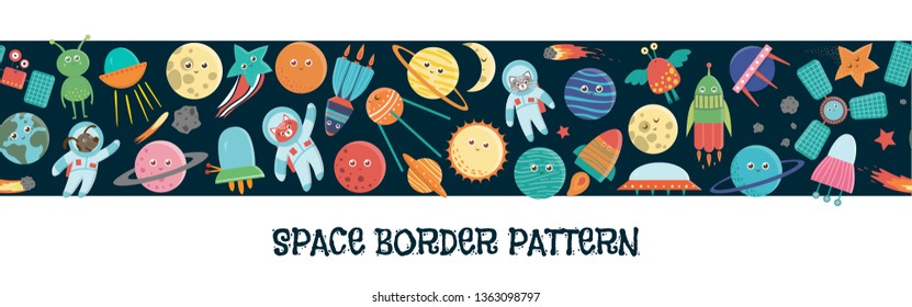 Vector space border pattern. Seamless background with cosmic elements for children. Repeat horizontal backdrop with ufo, planet, star, astronaut, comet, rocket, asteroid.
