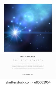 Vector space card design with bright blue nebula and white stars.