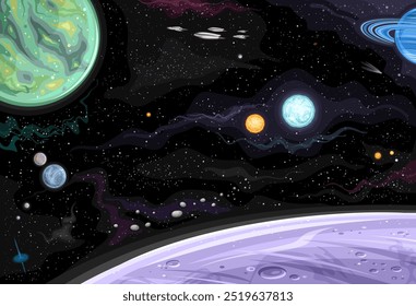 Vector Space Card, horizontales astronomisches Poster mit Cartoon-Design binäres Sternensystem bestehend aus zwei orangen und weiß-blauen Sternen im Weltraum, futuristisches kosmisches Plakat mit verschiedenen Weltraumobjekten