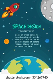 Vector Space cartoon background  with text place. Rocket spaceship, stars and planets. Space background. Can be used for background, banner, web page, poster, card