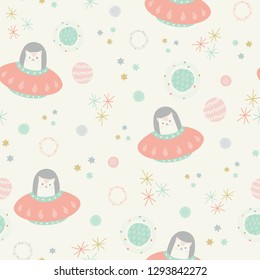 Vector space cats pink seamless repeat pattern background.